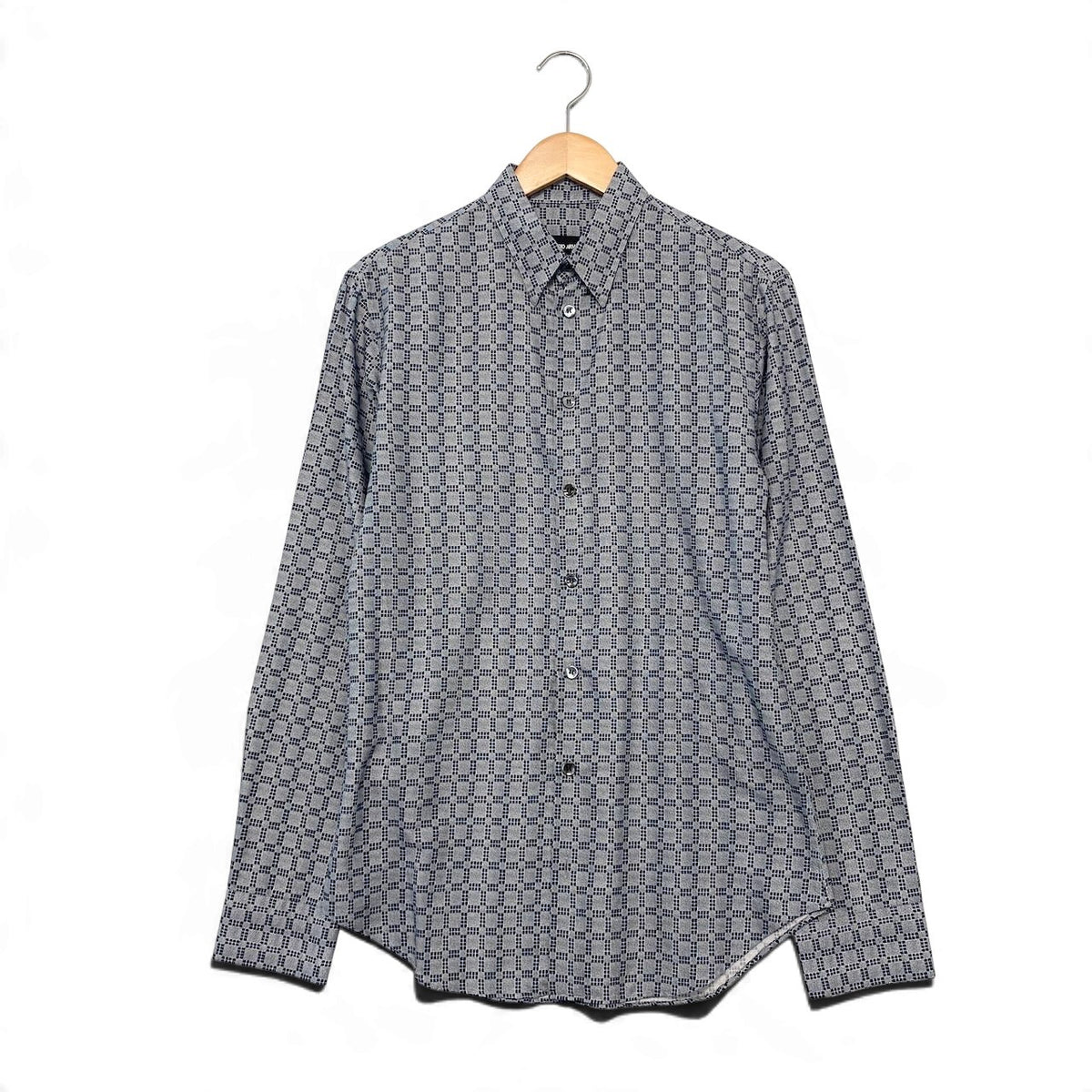 24j14  GIORGIO ARMANI 長袖シャツ 総柄シャツ メンズシャツ コットンシャツ イタリア製 38/15 グレー ネイビー 綿100％ メンズ 男性用u02t