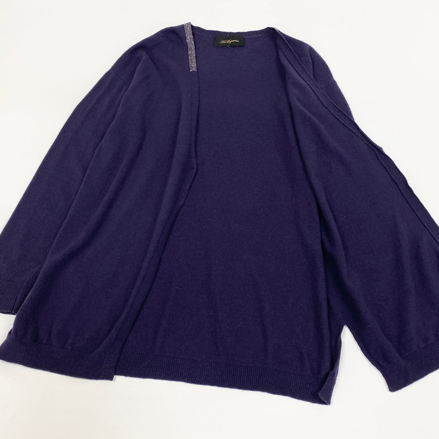 47d16 Les Copains レコパン ロングスリーブ ニットカーディガン ロングカーディガン ウールカシミヤ混 ラインストーン装飾 イタリア製 サイズ42 パープル レディース 女性用u02t