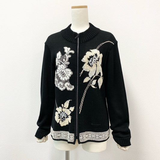 59k1 LEONARD FASHION レオナール ファッション 花柄刺繍 ラインストーン ジップアップ ニットジャケット セーター 日本製 Lサイズ ブラック コットン シルク レディースo07t