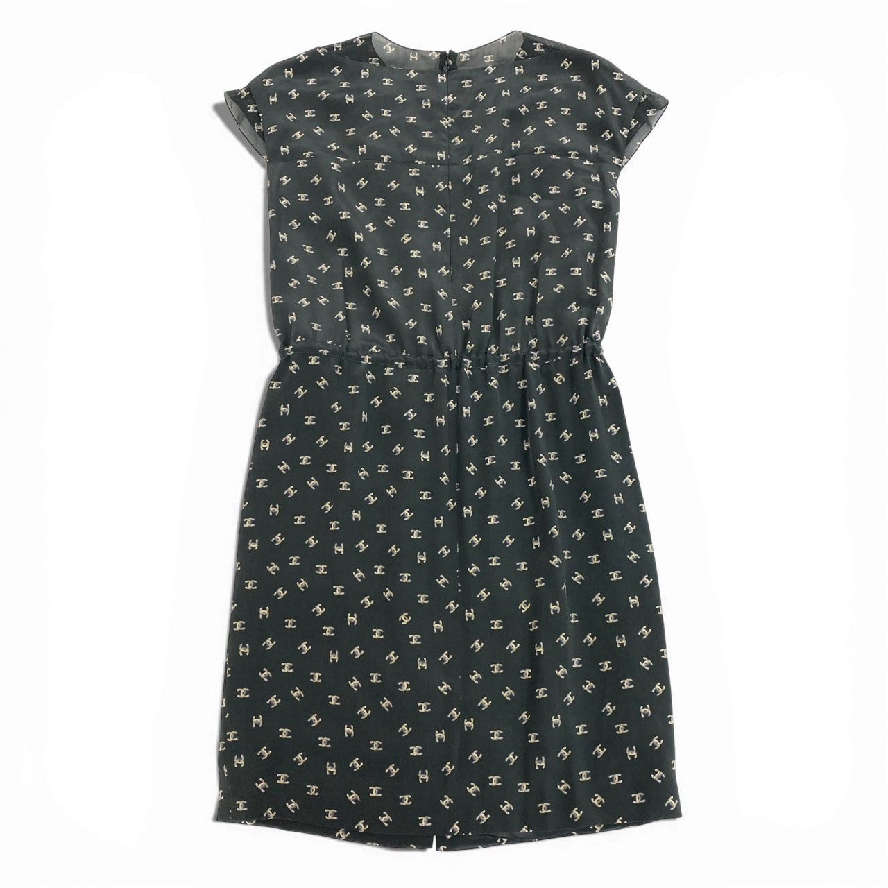 44a15 【新品タグ付き】CHANEL シャネル 2011年 P44358 ココマーク ウェストドローコード付き 半袖ワンピース サイズ36 ブラック レディース トップスta1