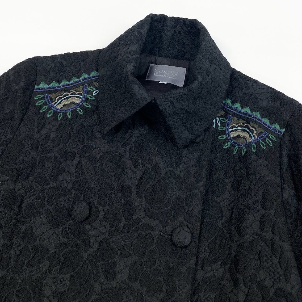 82k28 TOKUKO 1er VOL トクコプルミエヴォル ロングコート Aライン アウター フラワージャガード 刺繍 9 ブラック レディースu02t