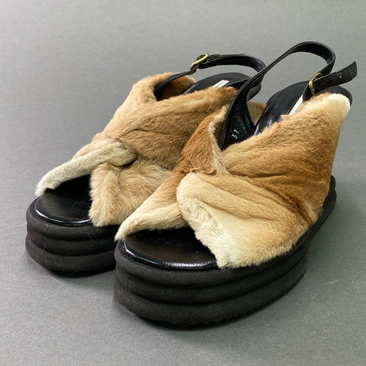1e26 DRIES VAN NOTEN ドリスヴァンノッテン ウェッジソール スリングバック ファーサンダル 37 ブラック ベージュ シューズ 夏 イタリア製