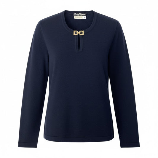 Id2 Salvatore Ferragamo サルヴァトーレフェラガモ ガンチーニ ロングスリーブニット ハイゲージニット セーター レディース 女性服 サイズS ネイビー ウール100％u02t