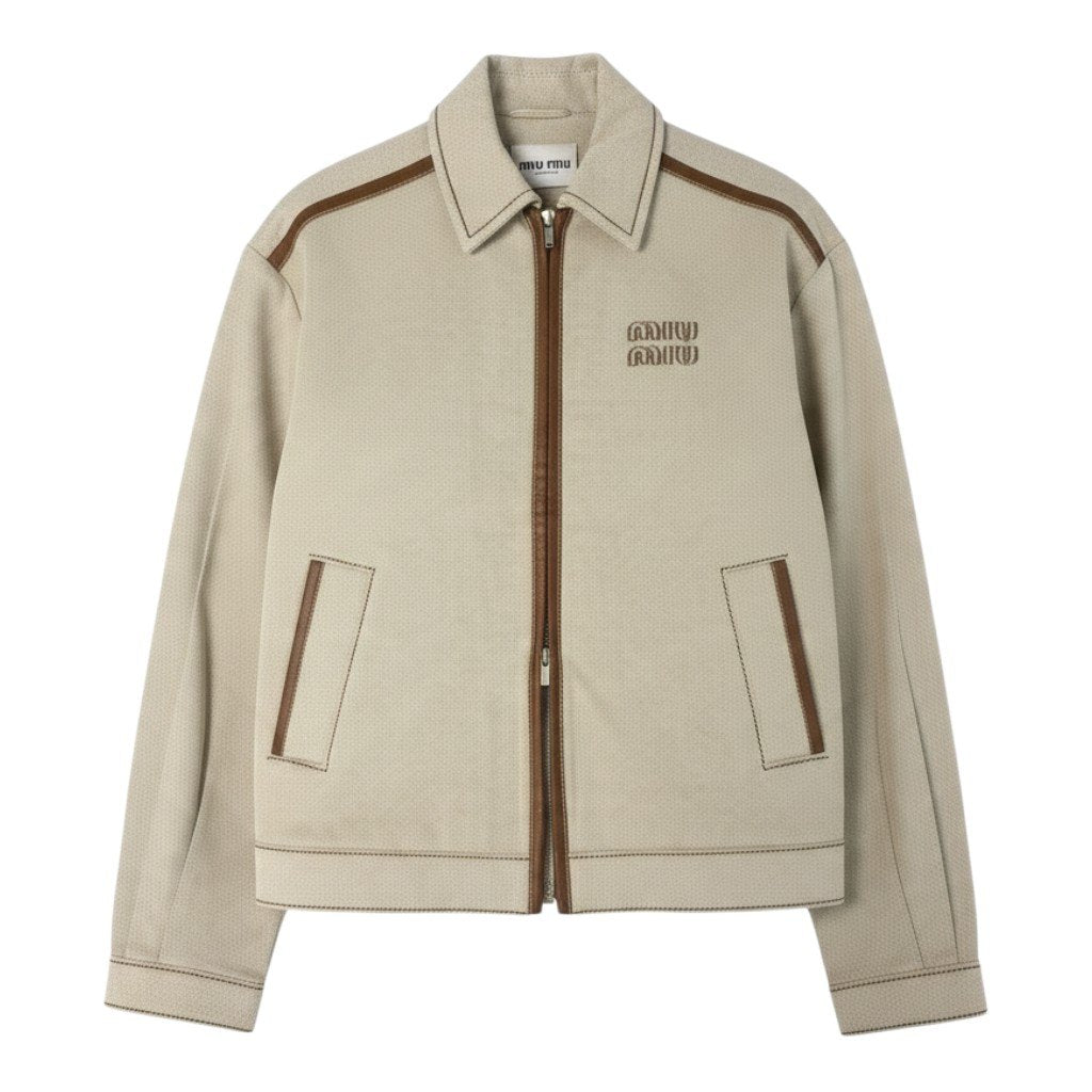 Ij28【極美品】MIUMIU 2023 ジャガード ブルゾン ジャケット  ML1042 38サイズ ベージュ ブラウン コットン レザー レディースk02i
