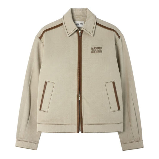 Ij28【極美品】MIUMIU 2023 ジャガード ブルゾン ジャケット  ML1042 38サイズ ベージュ ブラウン コットン レザー レディースk02i