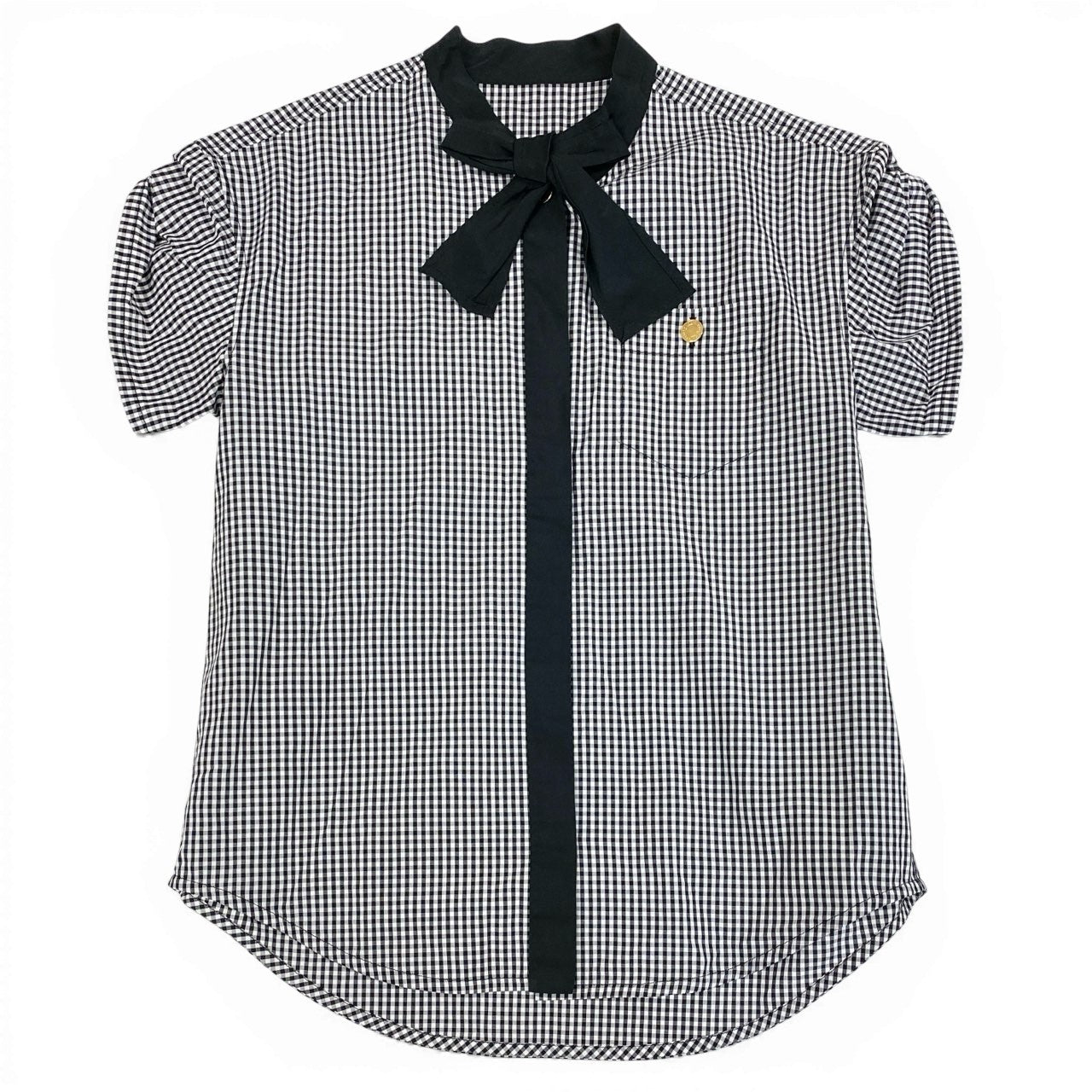 27a23 LOUIS VUITTON ルイヴィトン ゴールドボタン ギンガムチェック ボウタイブラウス 半袖ブラウス 実寸L相当 レディース トップスk02i