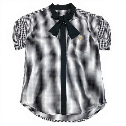 27a23 LOUIS VUITTON ルイヴィトン ゴールドボタン ギンガムチェック ボウタイブラウス 半袖ブラウス 実寸L相当 レディース トップスk02i