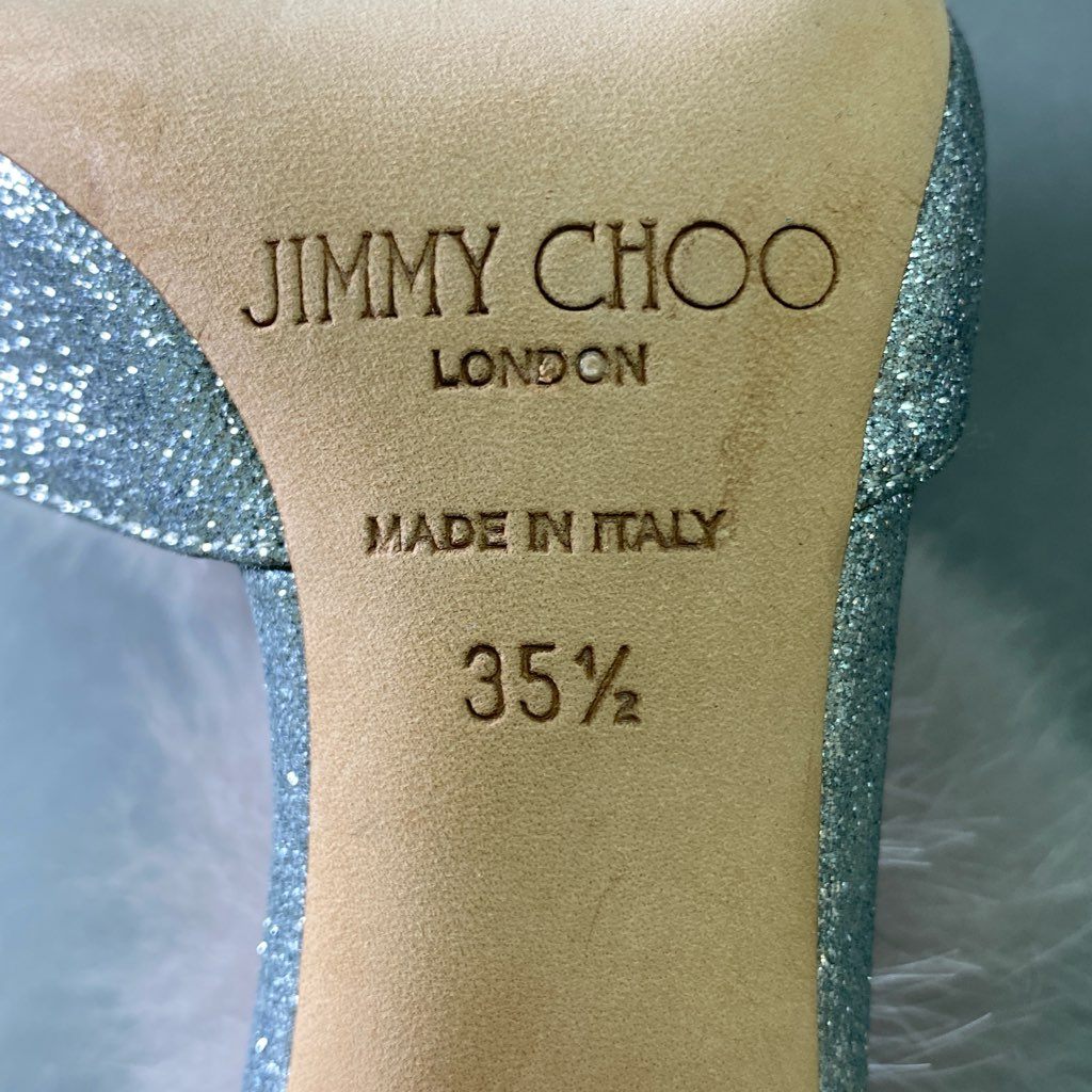 1e7 《極美品》 JIMMY CHOO ジミーチュウ ファー付き グリッター パンプス 35 1/2 シルバー ラメ パーティ シューズ セレモニー イタリア製
