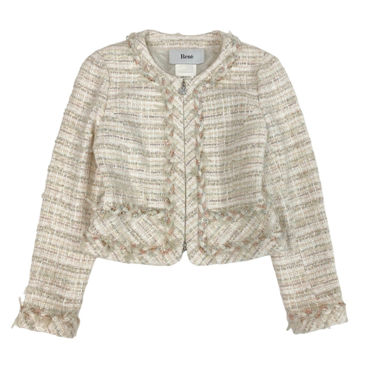 50f29 Rene ルネ ツイードパール ノーカラージャケット 6943450 サイズ36 ホワイト ピンク Tweed Pearl Jackett18r