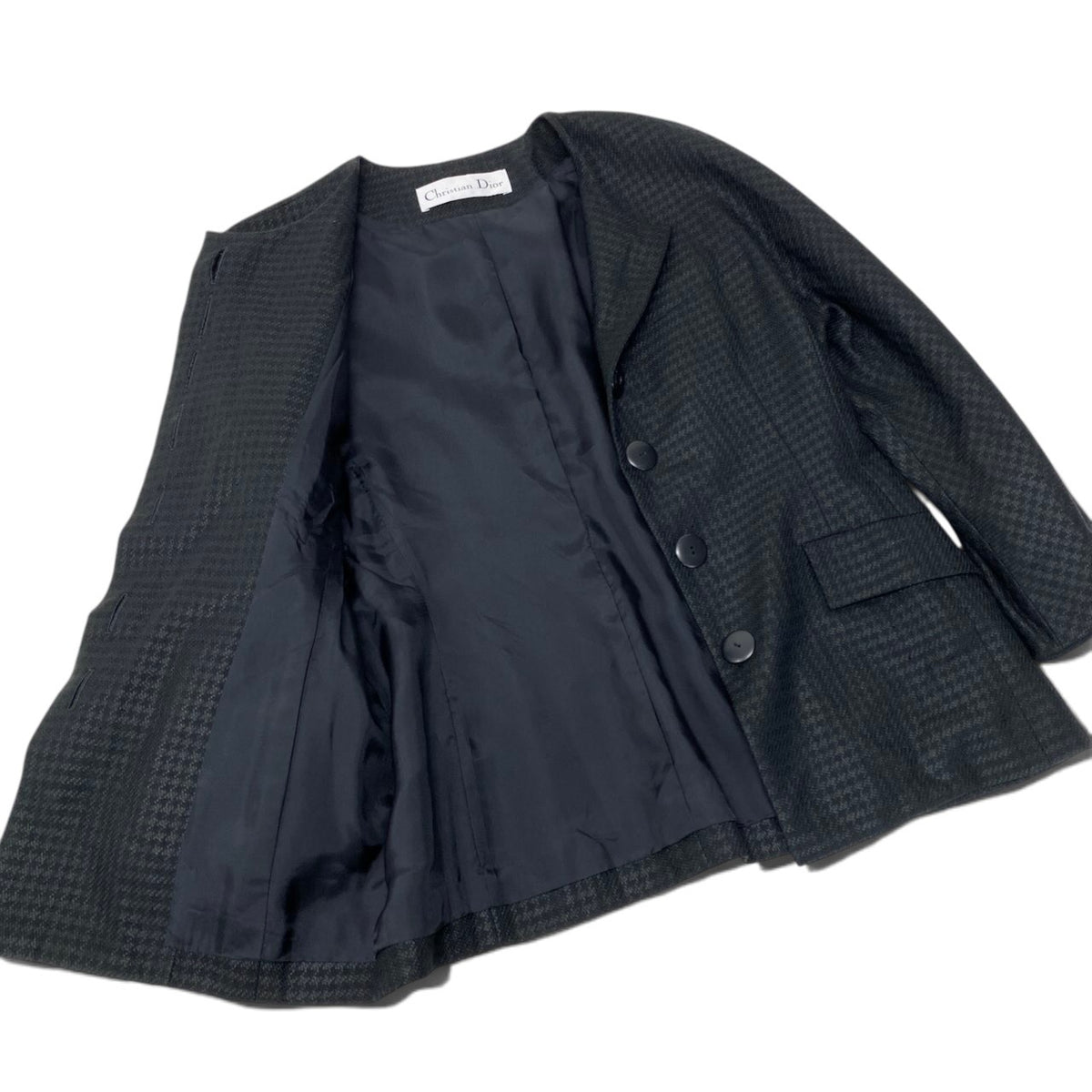 60i16 Christian Dior クリスチャンディオール セットアップ スカートスーツ ノーカラージャケット 千鳥格子柄 サイズ13 ブラック レディースo07t
