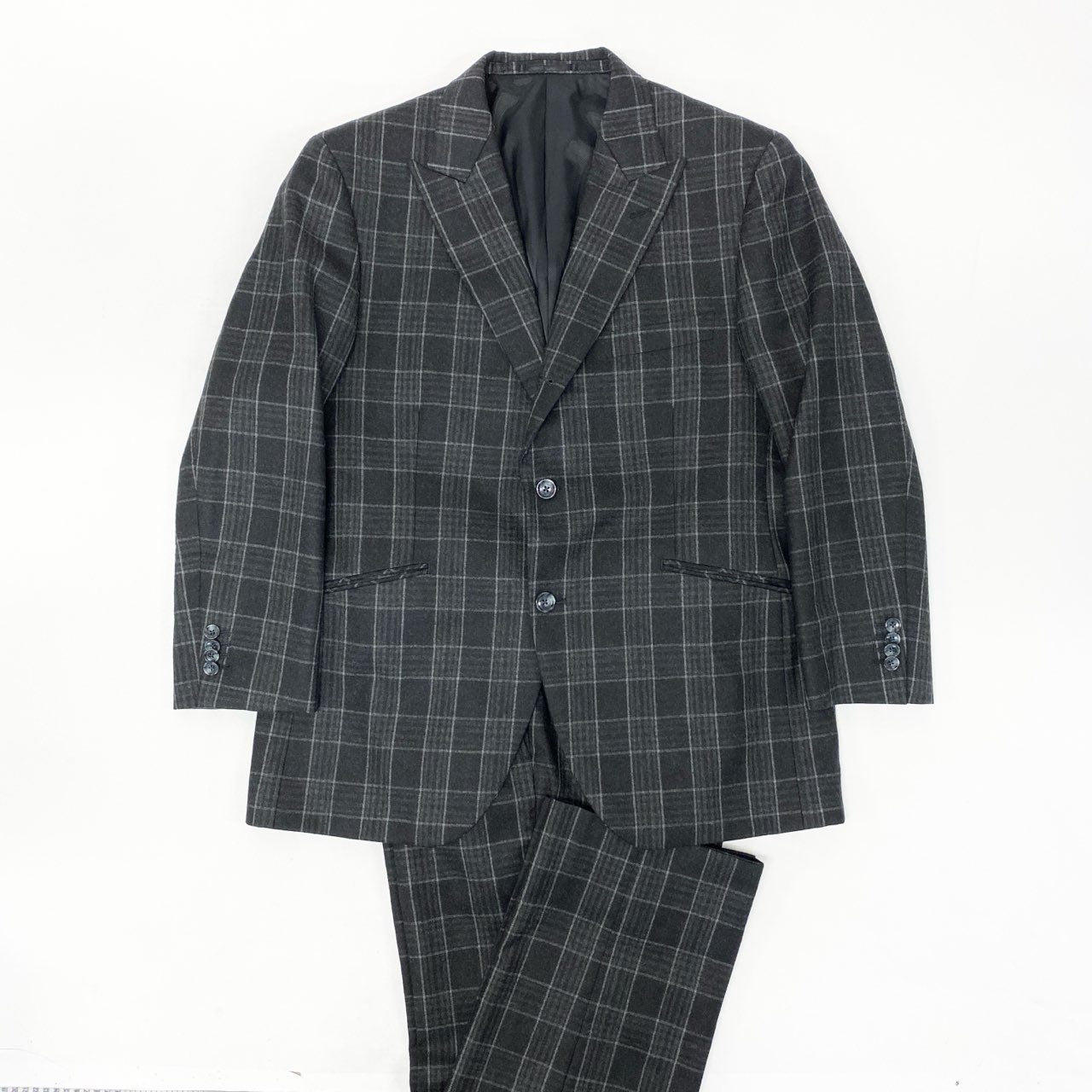 4k23 GINZA Global Style 銀座グローバルスタイル 英国製生地 JOHN FOSTER セットアップスーツ シングル 2B チェック柄 メンズ 紳士服 ダークグレー ウールu02t