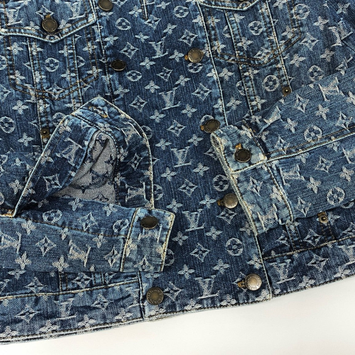 Id7 LOUIS VUITTON ヴィンテージ ルイヴィトン モノグラムジャガード ダブルデニムジャケット サイズ38 インディゴ レディースta1