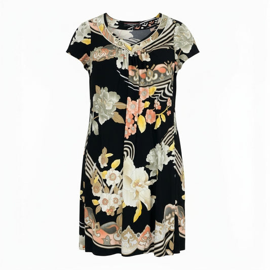 31b12 LEONARD レオナール 半袖Vネックワンピース カンカン素材 美しい花柄プリント 0170509 LLサイズ ブラック レディース 女性用u02t