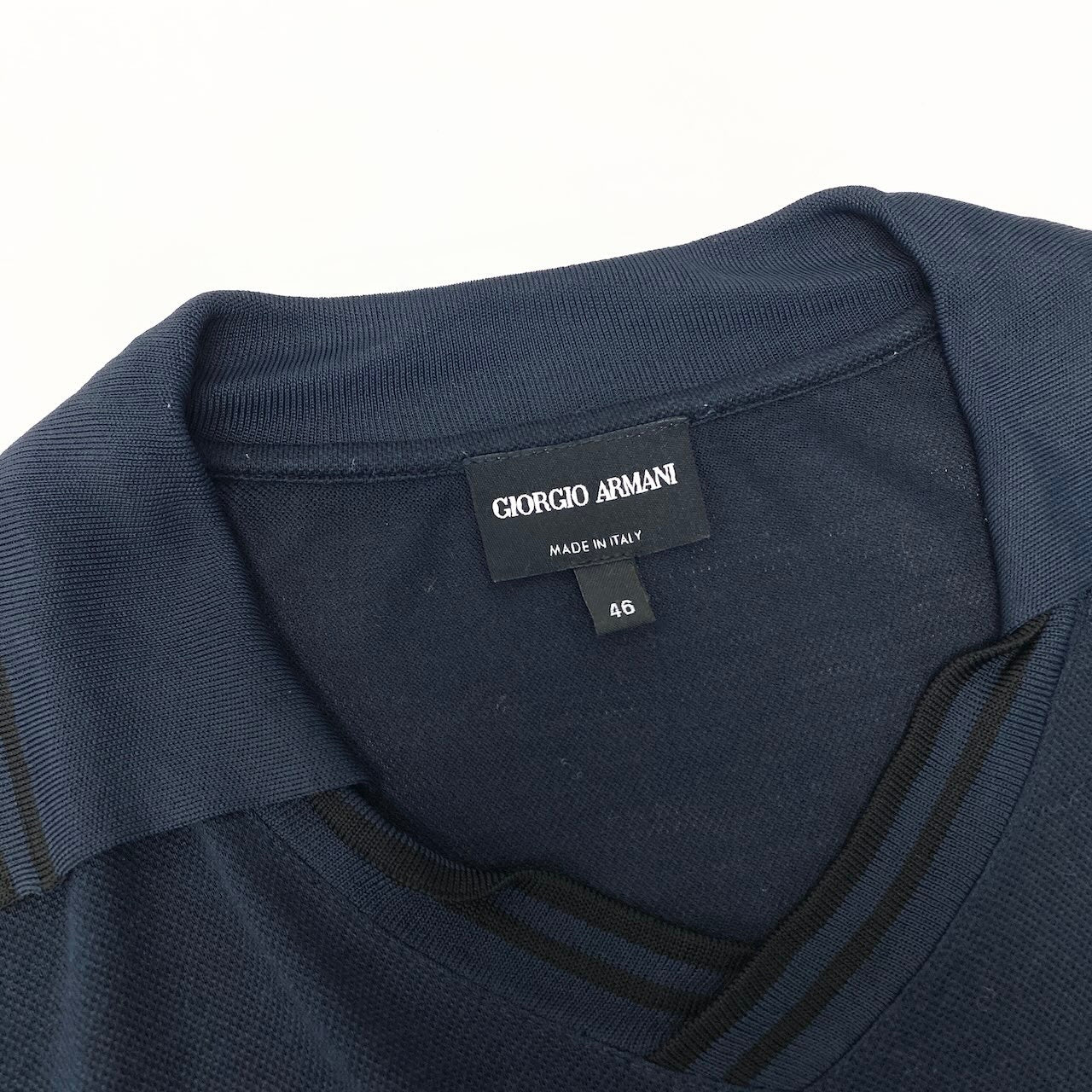 22e7 GIORGIO ARMANI ジョルジオアルマーニ オープンカラー ニットカットソー 半袖 トップス ポケットロゴ刺繡 シルクブレンド サイズ46 ネイビー メンズ 紳士服u02t