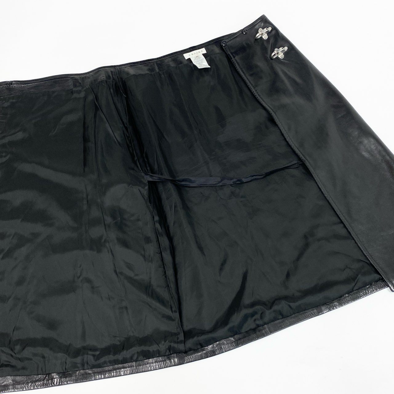 Eb11 CELINE セリーヌ ヴィンテージ マカダム金具 レザー巻きスカート 40サイズ ブラック 羊革100％ レディース 女性用k02i