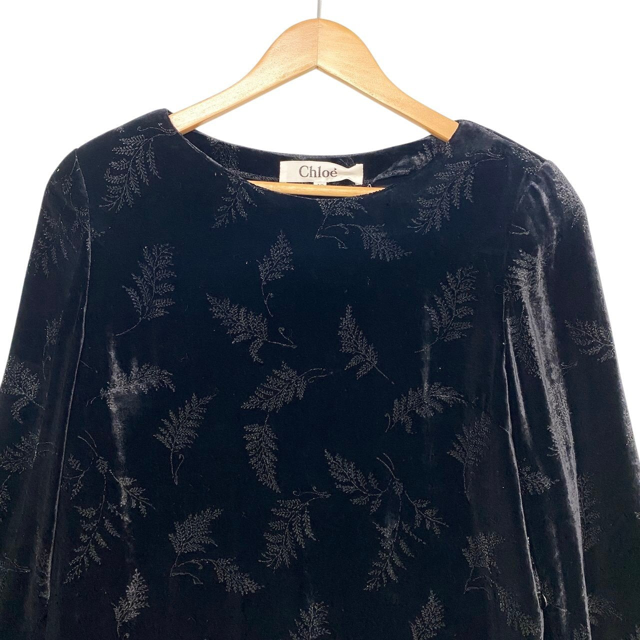45h16 Chloe クロエ チュニック カットソー ベロア 葉柄  サイズ42 ブラック シルク レーヨン レディース 女性用u02t