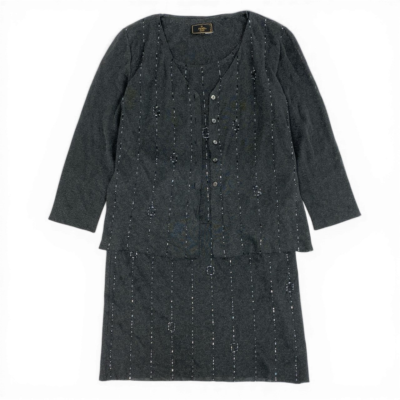Id10 Vintage FENDI フェンディ ビジュー FFロゴ ニットセットアップ ３点セット 46 グレー系u02t