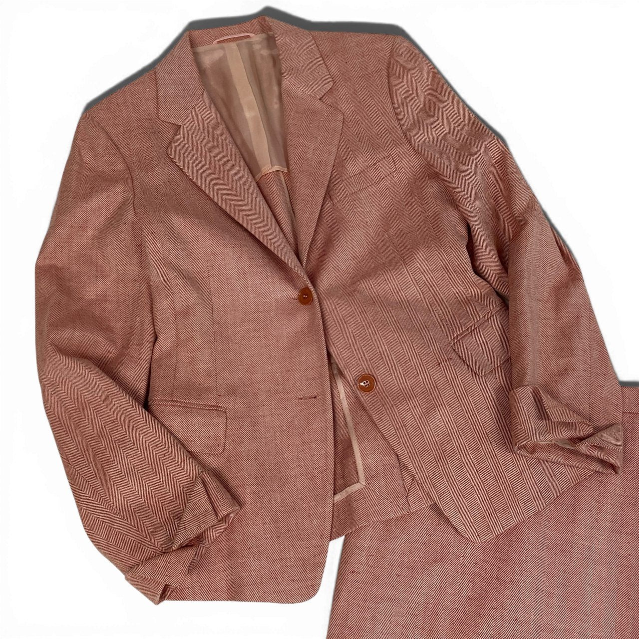 70a15 Paul Stuart ポールスチュアート セットアップ スカートスーツ テーラードジャケット 膝丈スカート ヘリンボーン イタリア製 レディース 女性用 サイズ42 レッド ホワイト シルク コットン リネンu02t