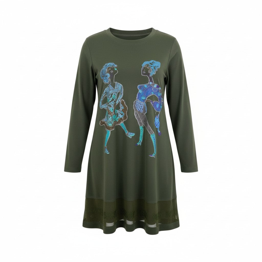 76k21《美品》 TOKUKO 1er VOL トクコプルミエヴォル ロングスリーブワンピース イラスト 刺繍 ストレッチ○ 裾切替 レディース 女性用 9 カーキu02t