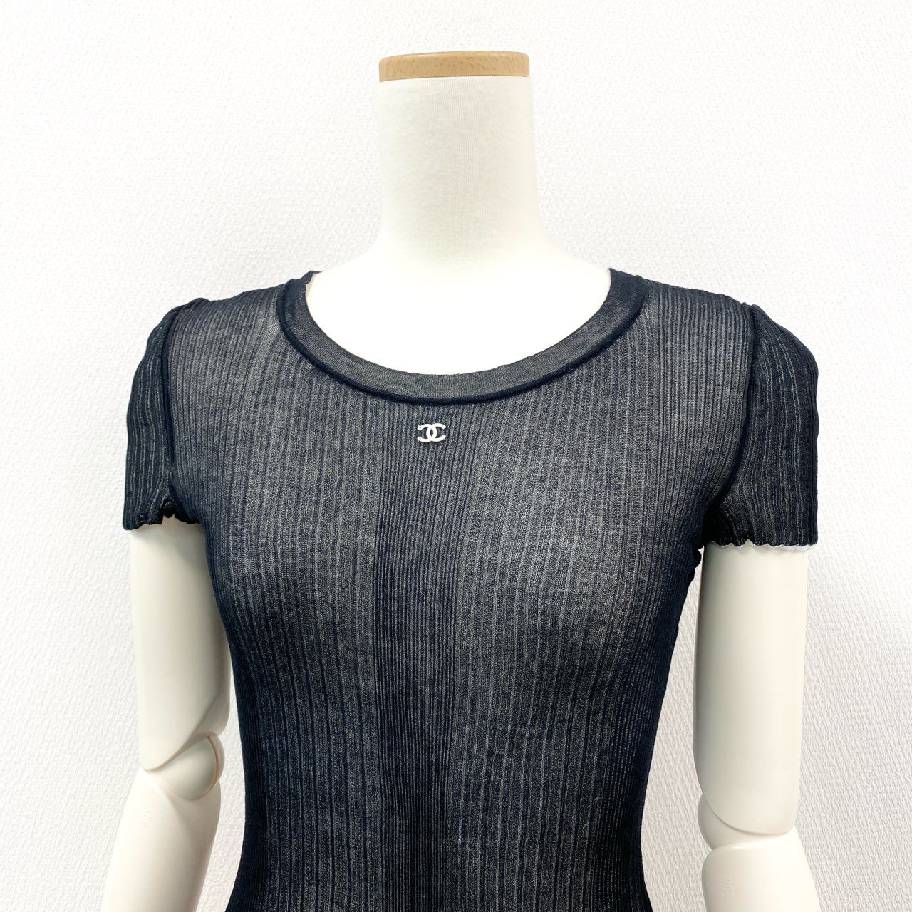 27L1 CHANEL シャネル fフロント ココマーク リバーシブル ニットTシャツ トップス P38434K02612 サイズ34 ネイビー ホワイト レディース カットソー 半袖ニットk02i
