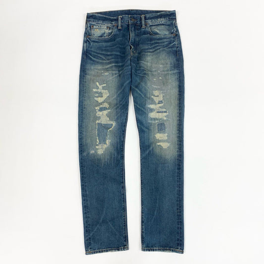 7i25 《美品》RRL ダブルアールエル デニムパンツ ダメージリペア加工 ジップフライ コットン RN41381 30×30 インディゴ メンズk02i