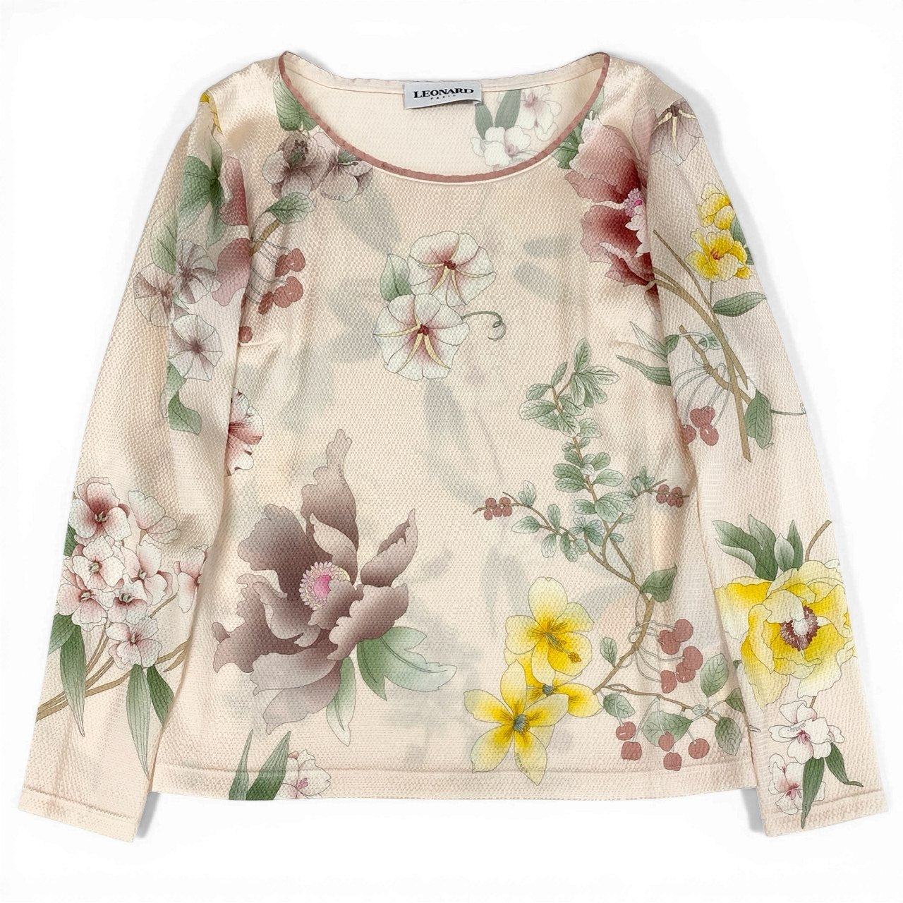 68d13 【美品】 LEONARD PARIS レオナール ロングスリーブ カットソー 美しい花柄プリント シルクブレンド トップス イタリア製 サイズ38 光沢 薄ピンク レディース 女性用u02t