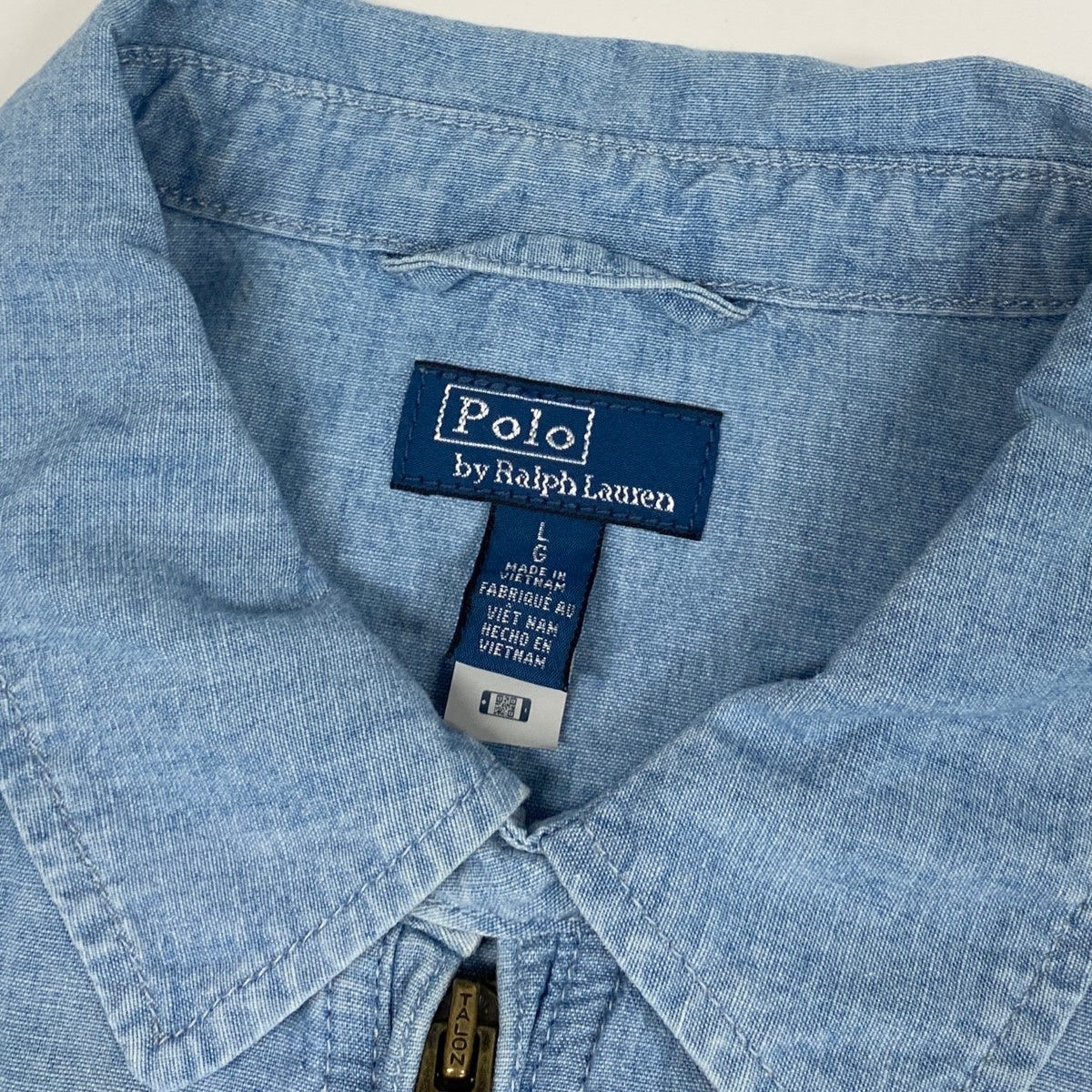 84c29【美品】 Polo by Ralph Lauren ポロバイラルフローレン デニムシャンブレー ブルゾン 近年 ダブルジップ ロゴ刺繡 L/G ライトブルー コットン100％ メンズ 紳士服u02t