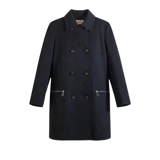 11j26 【美品】 Hermès エルメス ヴィンテージ ダブルブレスト コート ロゴボタン サイズ38 ブラック ウール100％ レディースu02t
