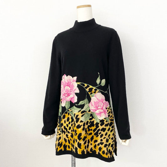 39h30 LEONARD レオナール チュニックワンピース ニットワンピース カシミアセーター 美しい花柄プリント 0327991 サイズM ブラック カシミヤ100% レディース 日本製