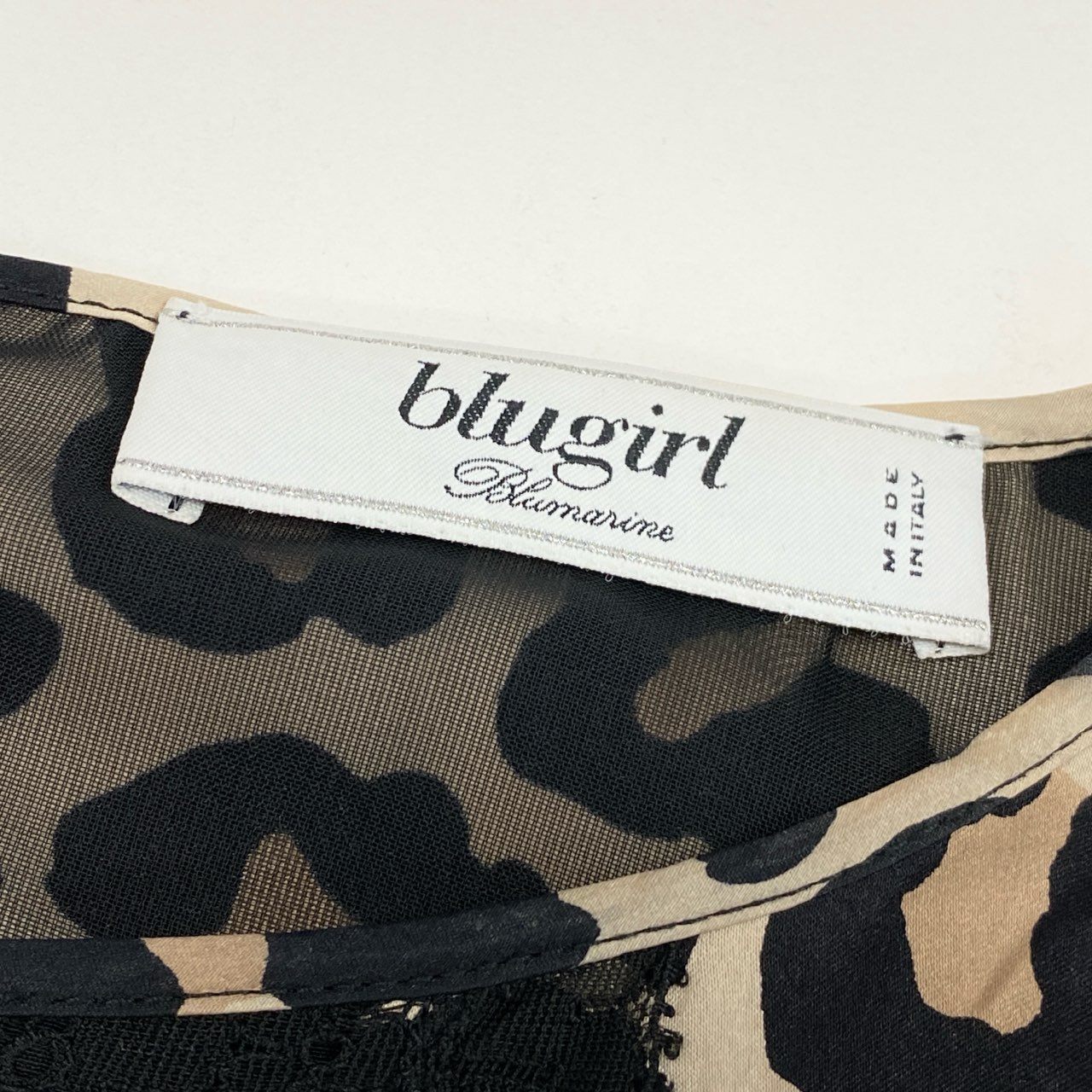 78i11 BLUGIRL BLUMARINE ブルーガール ブルマリン イタリア製 レオパード柄 レース切替 半袖ワンピース ドレス フレンチスリーブ 大きいサイズ 42 XLサイズ相当 ベージュ ブラック レディースk02i