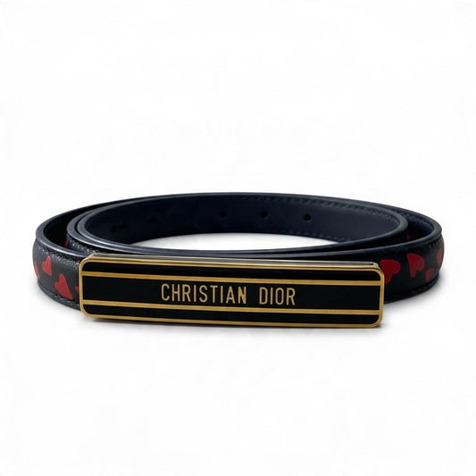 j19 Christian Dior クリスチャンディオール ハート柄 レザーベルト Heart Pattern Leather Belt 75 ブラック Logo Platet18r