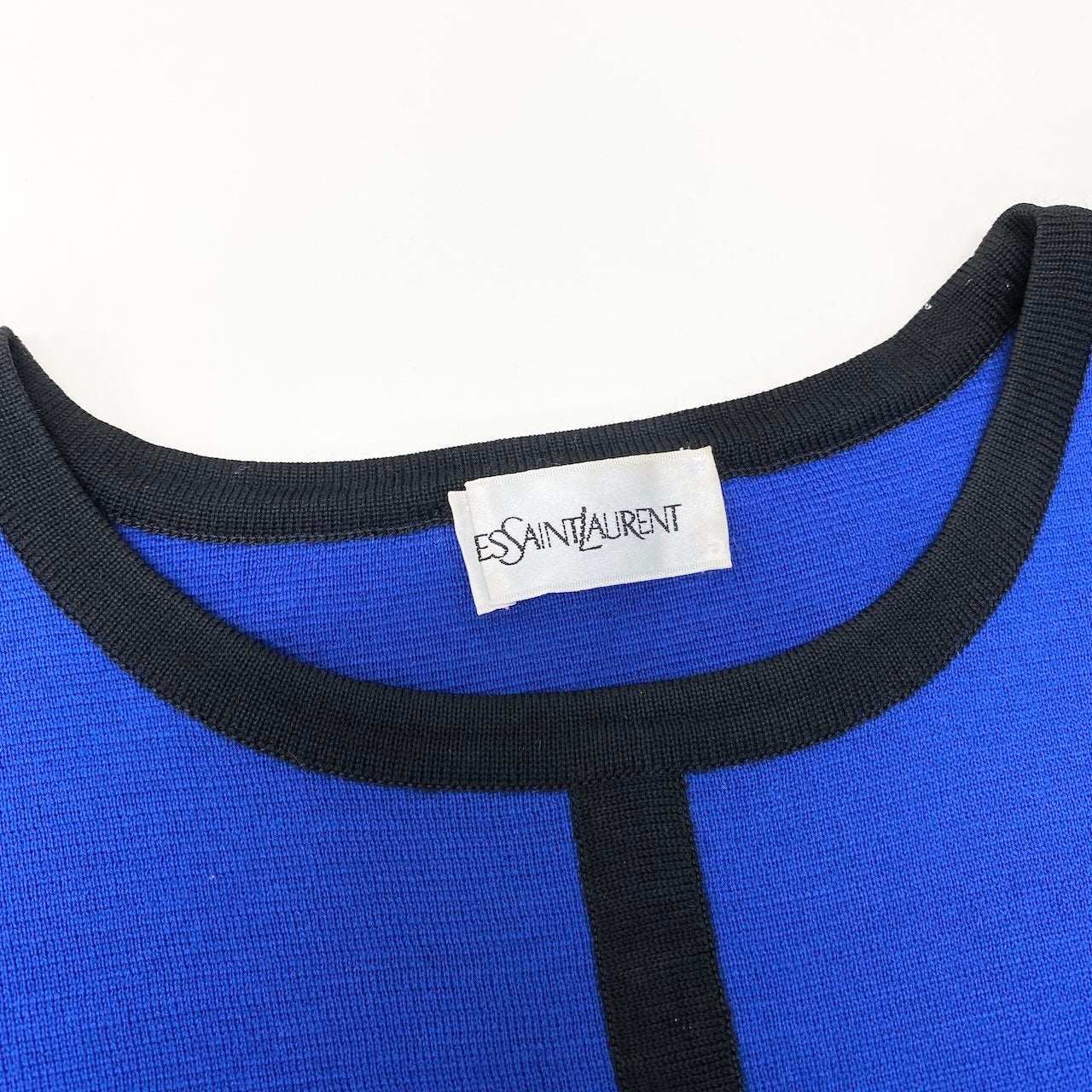 33f15 YVES SAINT LAURENT イヴサンローラン YSLロゴ ニットセーター チュニック丈 ボーダー柄 バイカラー サイズＭ ブルー ブラック ウール100％ レディース 女性用u02t