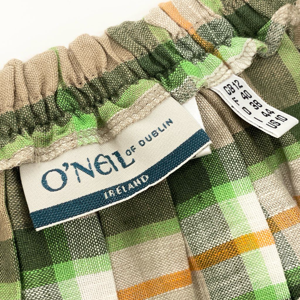 67a12 《美品》 O’NEIL OF DUBLIN オニールオブダブリン 定番 チェック柄 巻きスカート 膝下スカート クリップ付き 42 グリーン ベージュ リネン レディース 女性用u02t