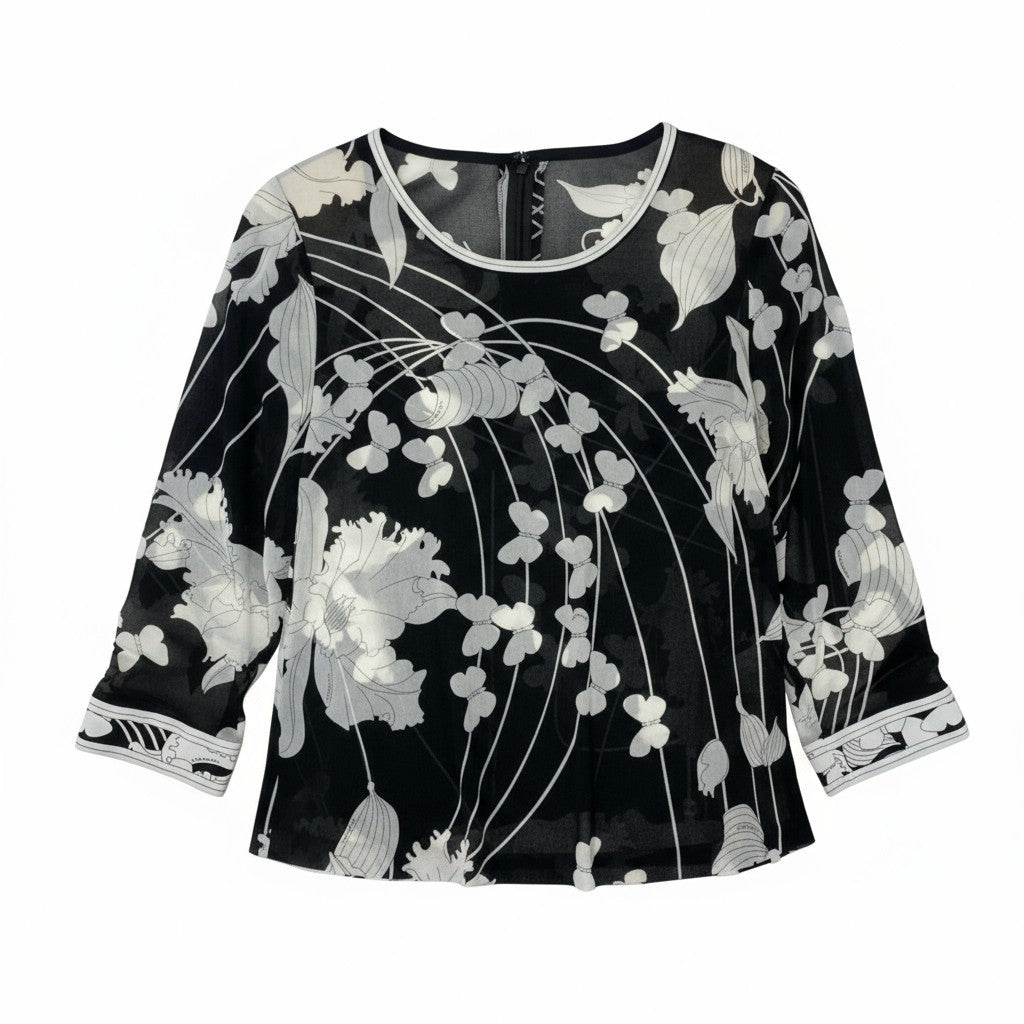 38k16【美品】LEONARD レオナール 長袖カットソー カンカン素材 クルーネック 蝶々 花柄 0199523 LLサイズ ブラック ホワイト レディースu02t