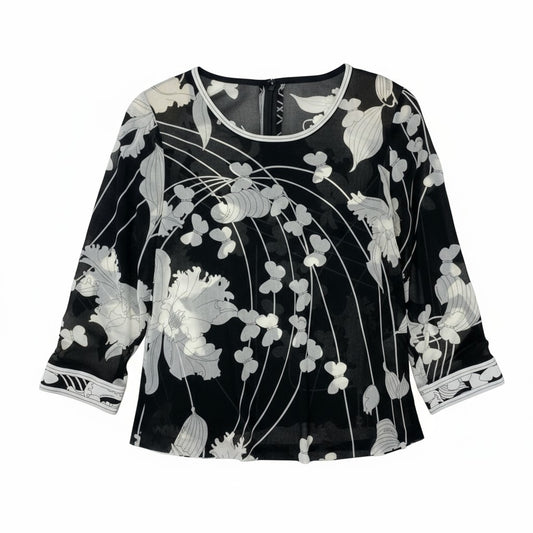 38k16【美品】LEONARD レオナール 長袖カットソー カンカン素材 クルーネック 蝶々 花柄 0199523 LLサイズ ブラック ホワイト レディースu02t