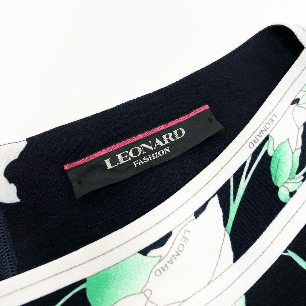 40l25 LEONARD レオナール カンカン素材ロングワンピース 7分袖 美しい花柄プリント 40 ブラック ホワイト レディースu02t