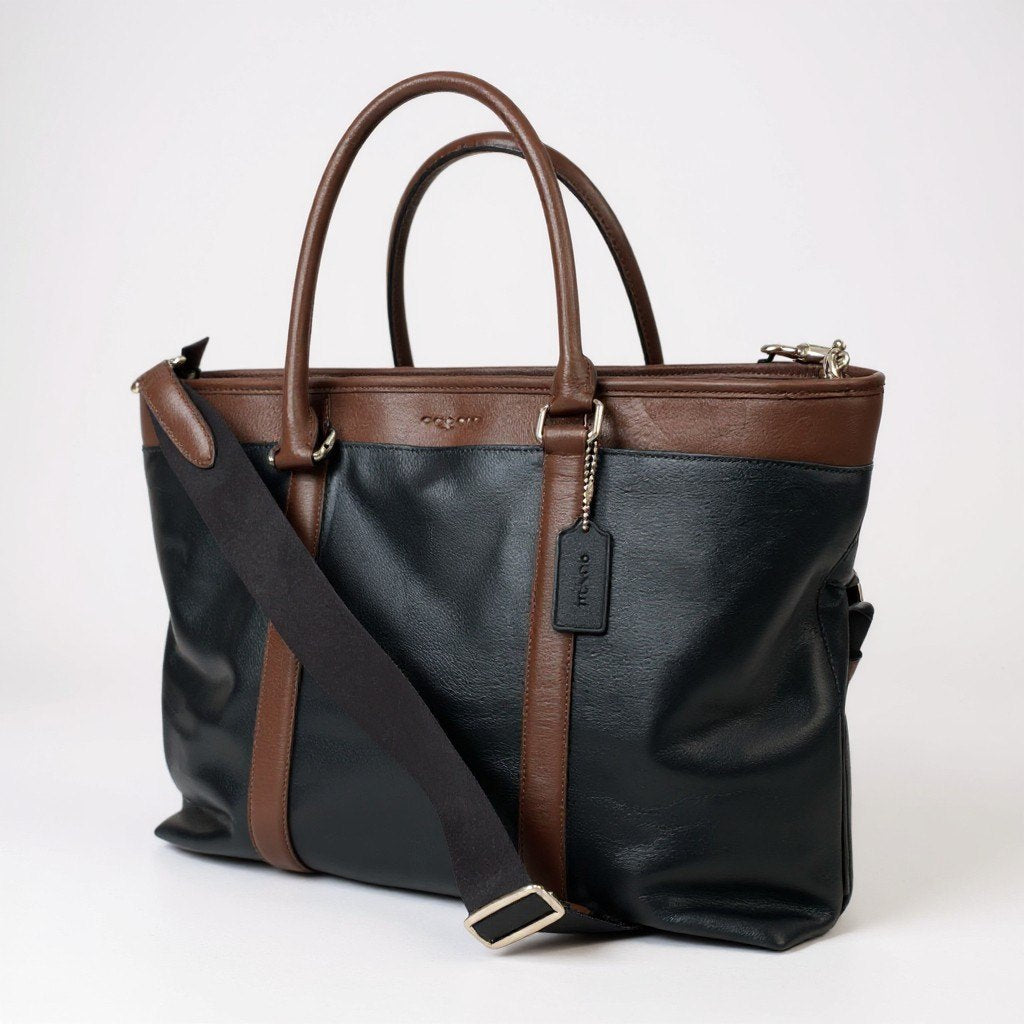 bk18 COACH コーチ 2WAY レザートートバッグ F54758 ブラック ブラウン ショルダーストラップ付 大容量 ビジネス カバン 鞄 通勤t18r