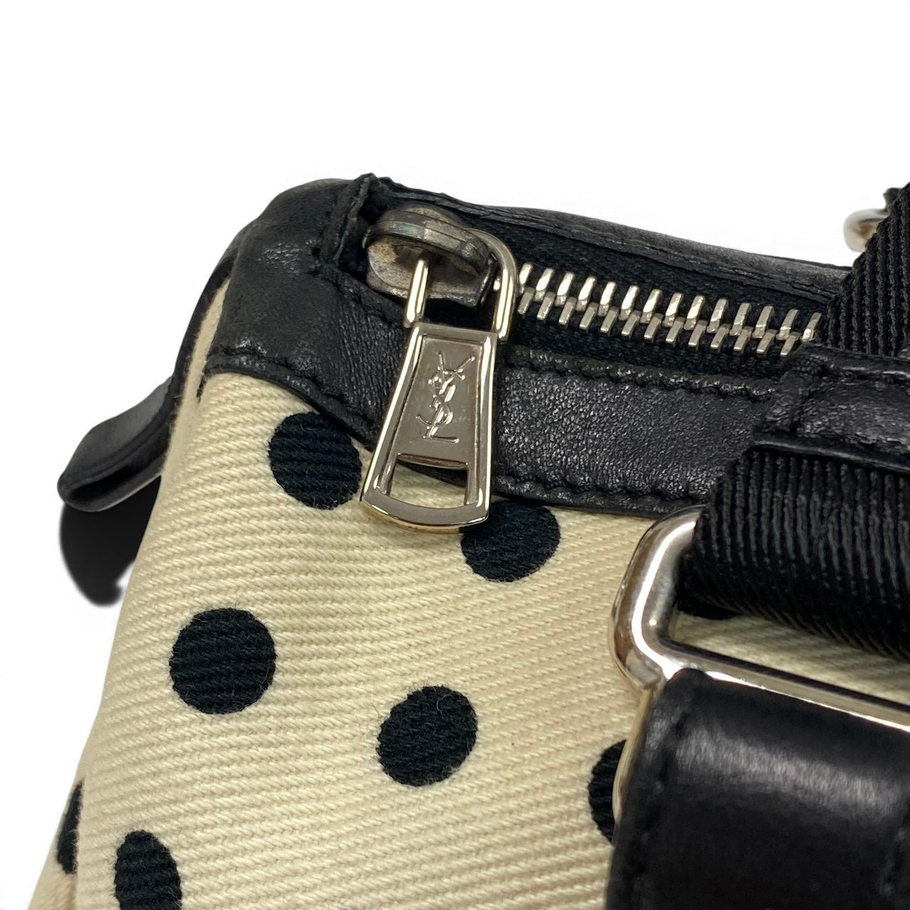 e4 《美品》 Yves Saint Laurent イヴサンローラン ポルカドット ミニボストンバッグ Vintage Polka Dot Mini Boston ホワイト ブラックt18r