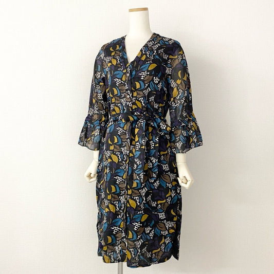 23h21 《未使用保管品》 定価¥82,500 タグ付 S MaxMara エスマックスマーラ 長袖ワンピース ドレス ロングスリーブ ウエストベルト 総柄プリント 前開き 38 ネイビー ラミー