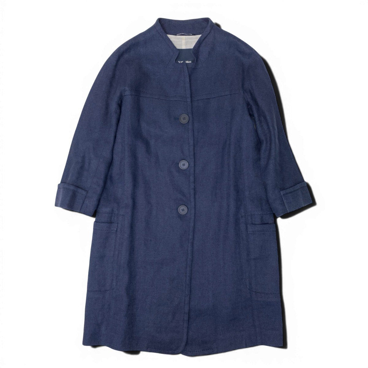 25g14 'S Max Mara エスマックスマーラ ノーカラーコート リネンブレンド サイズ42 ネイビー レディース 女性用u02t
