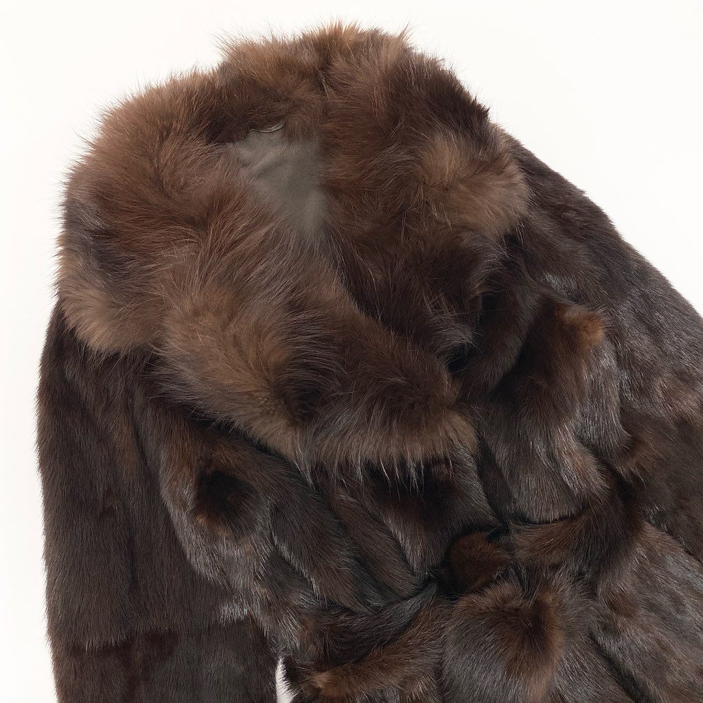 5L22 襟巻付き デミバフミンク ×フォックス ファーコート サイズF ブラウン 本毛皮 MINK FOX FUR ポケット有t18r