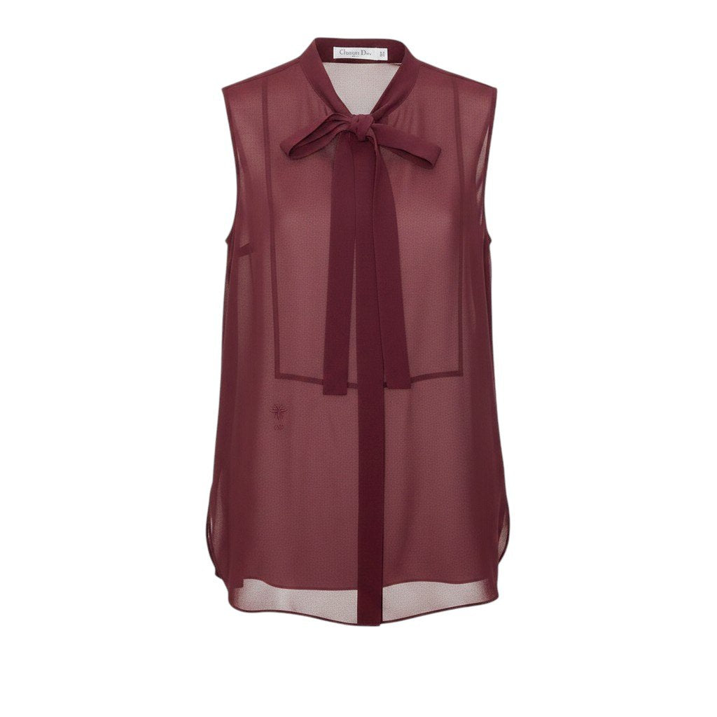 Ef26 Christian Dior クリスチャンディオール ノースリーブシアートップス ボウタイリボンシャツ シルクシャツ CDロゴ レディース 女性用 F38 7A21527L1658 ボルドー シルク100％u02t