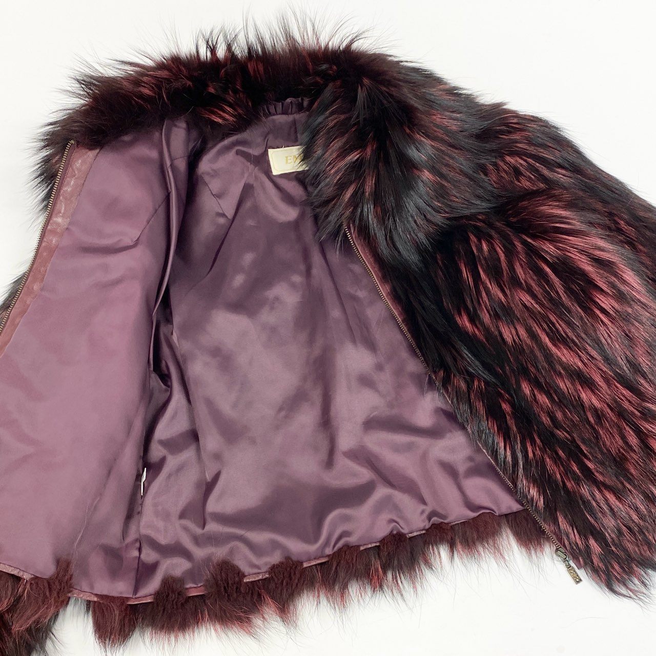 68L8 EMBA エンバ 染め フォックスファー ジップアップジャケット コート サイズ11号 レッドパープル ブラック 本毛皮 FOX FUR レアデザインt18r