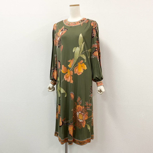 78i11 《新品保管品》 LEONARD レオナール 長袖ワンピース ロングワンピース 美しい花柄プリント サイズ11 グリーン シルク レディースu02t