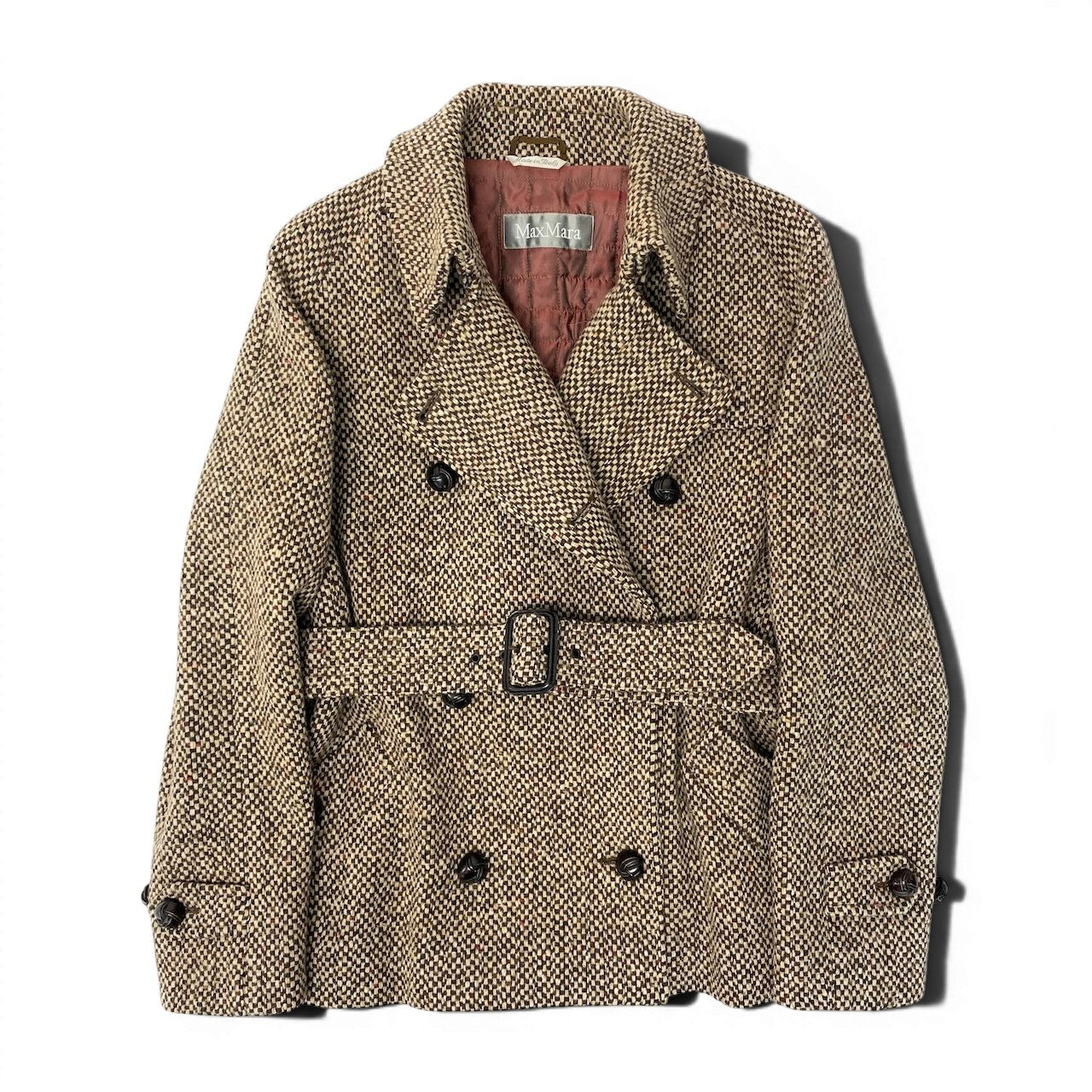26e8 Max Mara マックスマーラ ダブルブレスト ツイードコート 中綿ジャケット ハーフコート サイズ42 ベージュ ブラウン系 レディース 女性用u02t