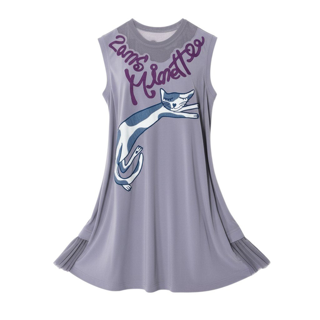 84b27 TOKUKO 1er VOL トクコプルミエヴォル ノースリーブワンピース Aラインワンピース 猫 刺繍 フリル切替 レディース 女性服 サイズ9 パープルu02t