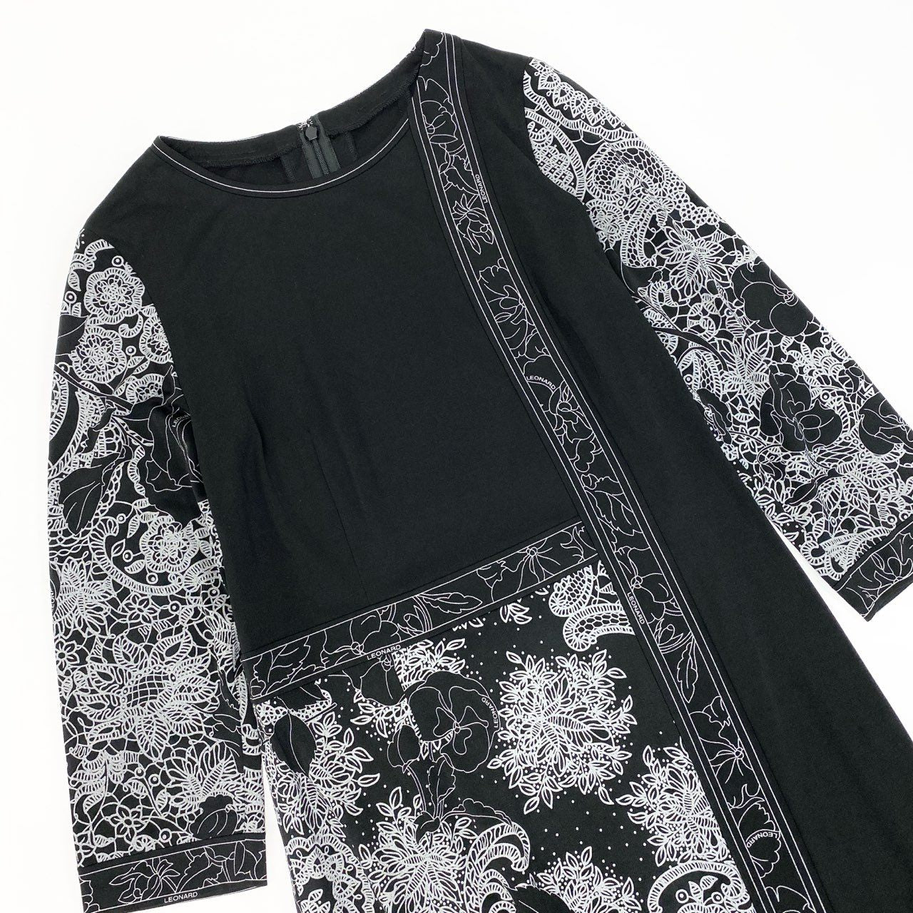 79k21 LEONARD FASHION レオナール 7分袖ワンピース 花柄プリント カンカン素材 レディース 女性用 0120803 36 ブラックu02t