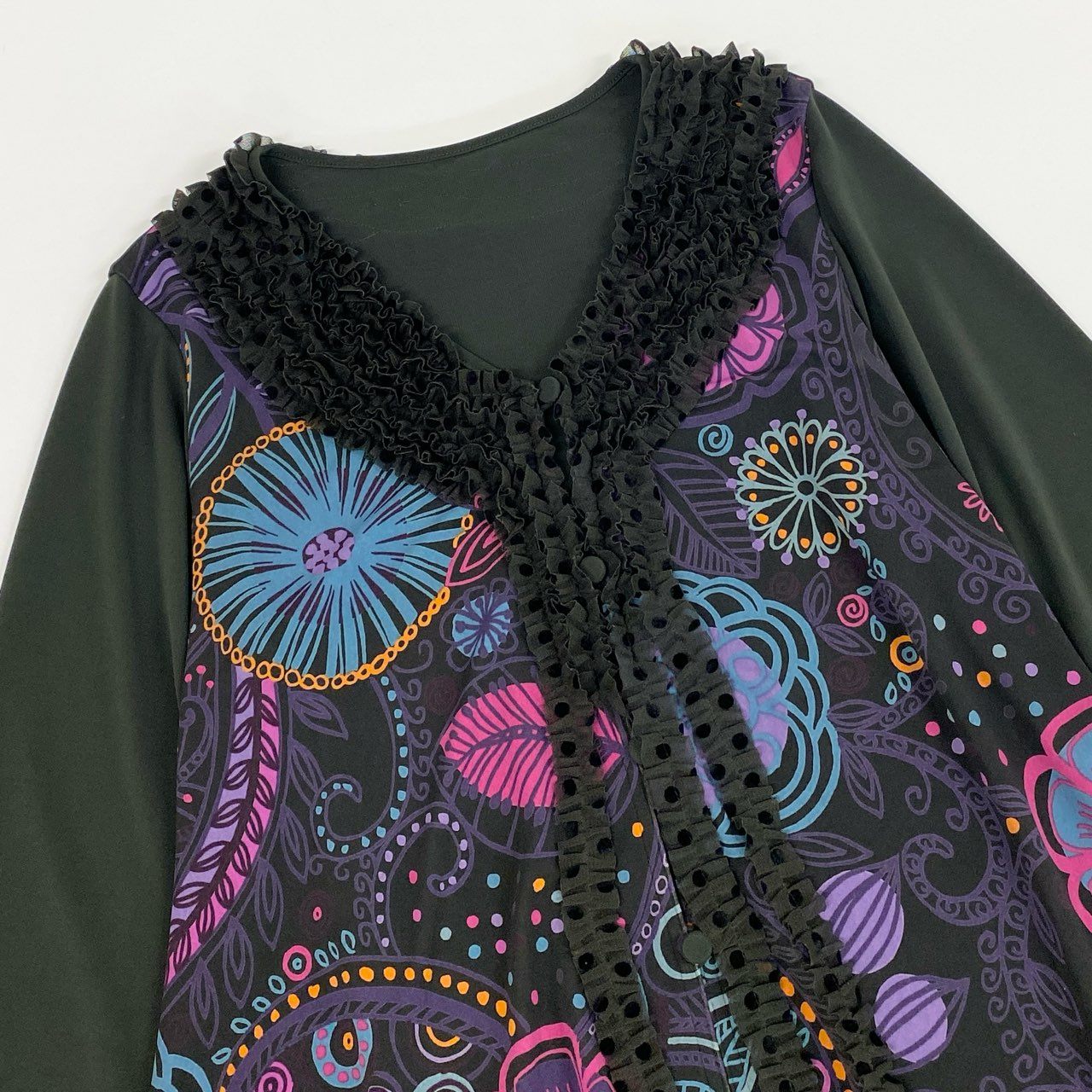 76k21《美品》 TOKUKO 1er VOL トクコプルミエヴォル ロングカーディガン 長袖 フリル装飾 花柄プリント 水玉 ドット柄 レディース 女性用 9 ブラウンu02t