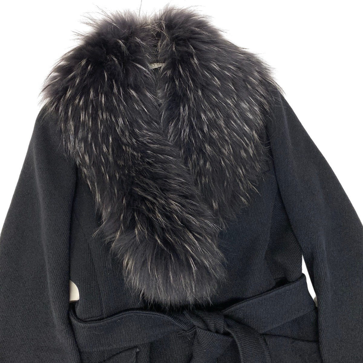 18g16 MaxMara マックスマーラ ラクーンファー ベルテッドコート ロング サイズ42 ブラック レディース 女性用u02t