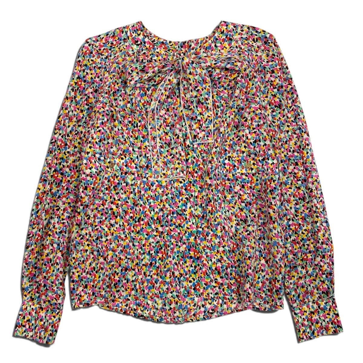 i25 【美品】CHANEL 1991年 ボウタイブラウス シルクブラウス カットソー 34サイズ マルチカラー シルク100％ レディース 女性用u02t